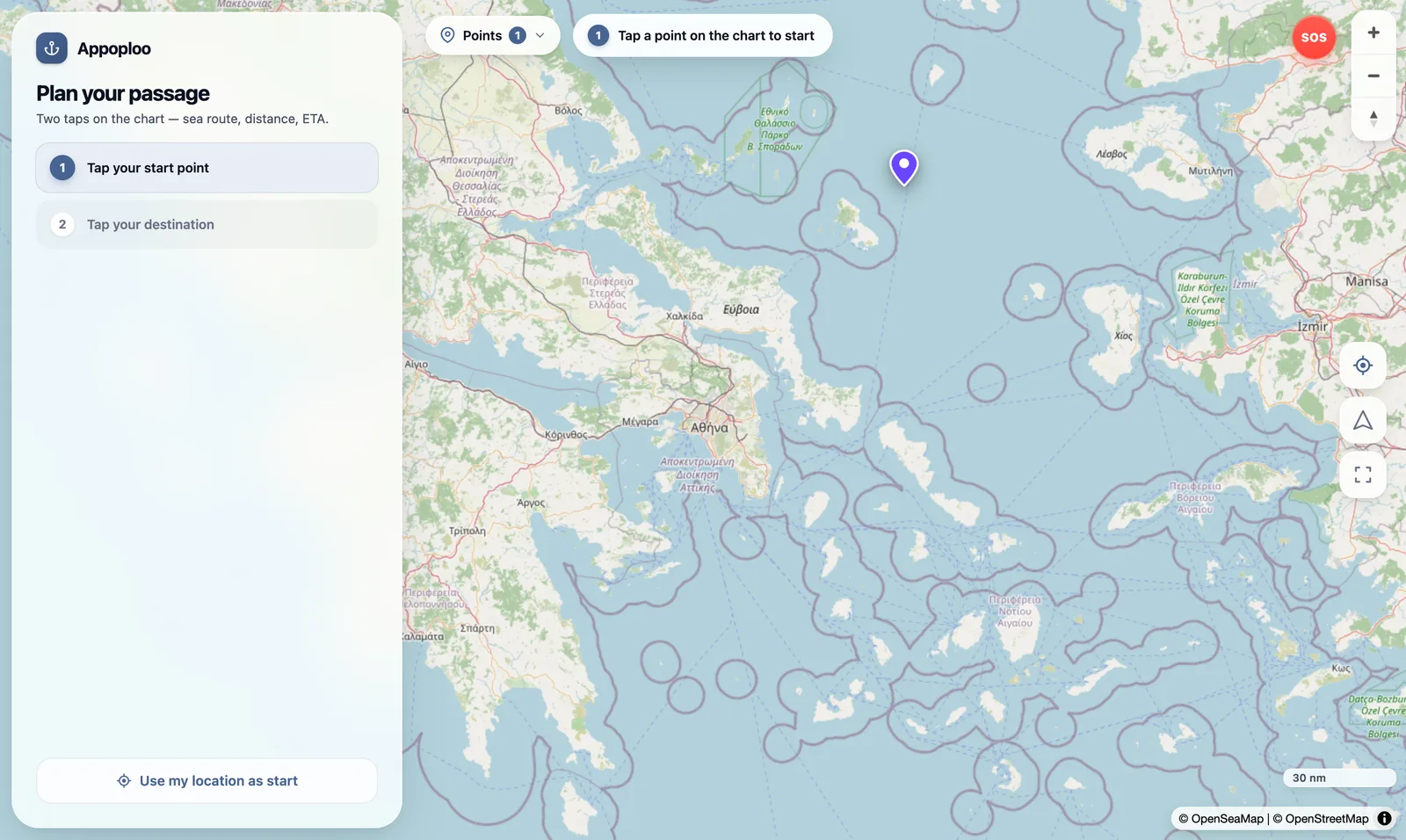 Appoploo Sea-Nav nautical route planner showing a passage across the Aegean Sea on an OpenSeaMap chart